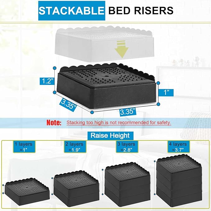 Bed Risers 1 inch, 2 inch, 3 inch, 4 inch Heavy Duty, Adjustable Furniture Riser
