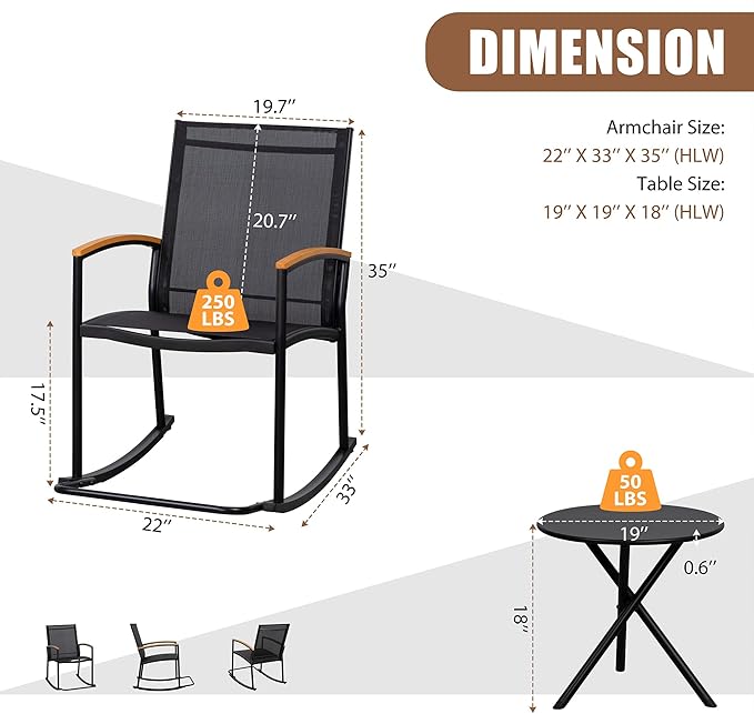 Shintenchi 3 Piece Outdoor Rocking Bistro Set, Textilene Fabric Small Patio
