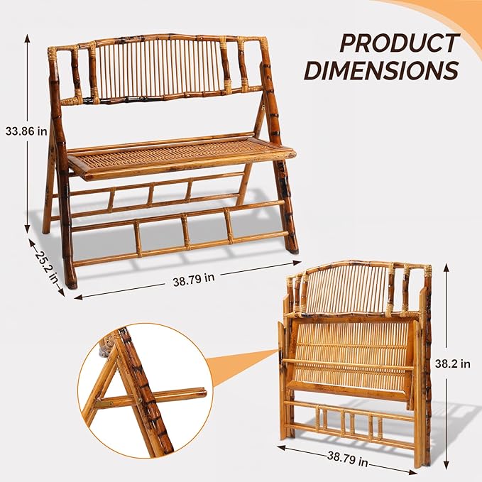 VINGLI Bamboo Rattan Folding Loveseat, Handmade Double Seat Folding Chair