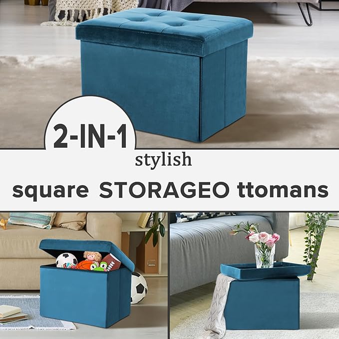 LINMAGCO Storage Ottoman Folding Foot Stool Velvet Foot Rest