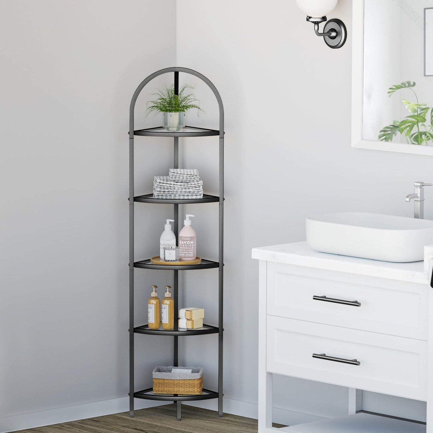 Homhedy 5-Tier Corner Shelf Stand, Metal Corner Bookshelf, Tempered Glass Shelves, Bathroom Storage Rack Shelf, Plant Stand, Modern Style, Black