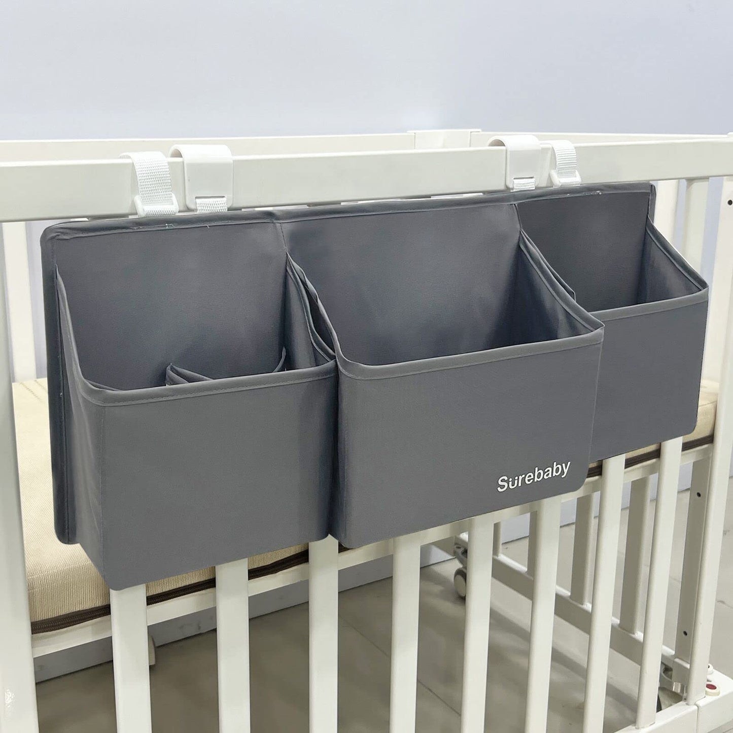 surebaby Hanging Baby Diaper Caddy, 3-in-1 Diaper Caddy Organizer Holder For Baby Crib, Nursery Organization Diaper Stacker Storage For Crib, Changing Table, Car, Wall-Grey