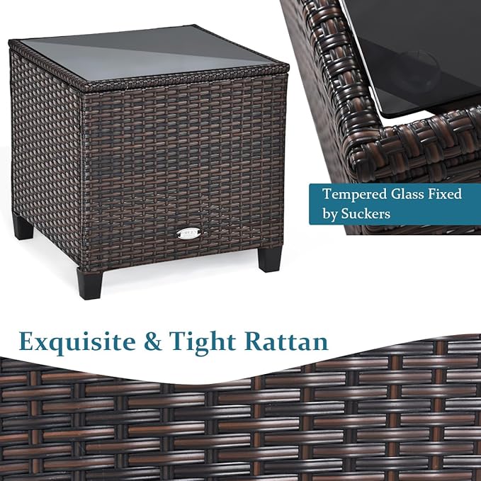 COSTWAY 3PCS Patio Furniture Set, PE Rattan Wicker Sofa w/Washable Cushion and