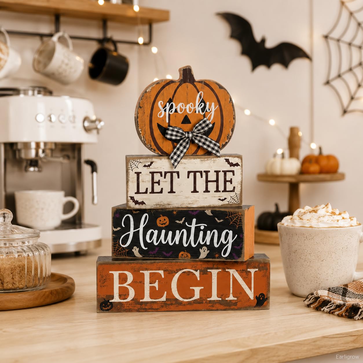 4 Pcs Halloween Table Decorations Pumpkin Bow Tiered Tray Decor Farmhouse Rustic Wooden Block Signs Spooky Halloween tabletop Centerpiece for Home Kitchen Mantel Shelf