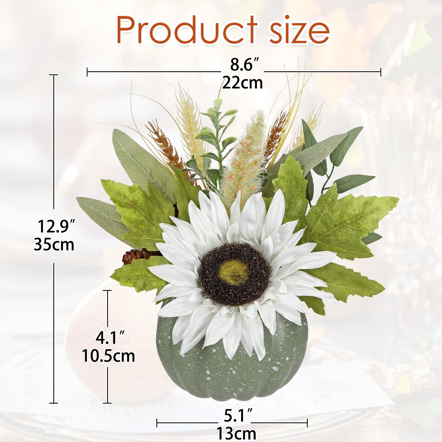 Artificial Pumpkin Floral Arrangement with White Sunflowers & Autumn Leaves – Fall Table Centerpiece for Thanksgiving, Halloween & Harvest Décor – Rustic Farmhouse Pumpkin Autumn Décor
