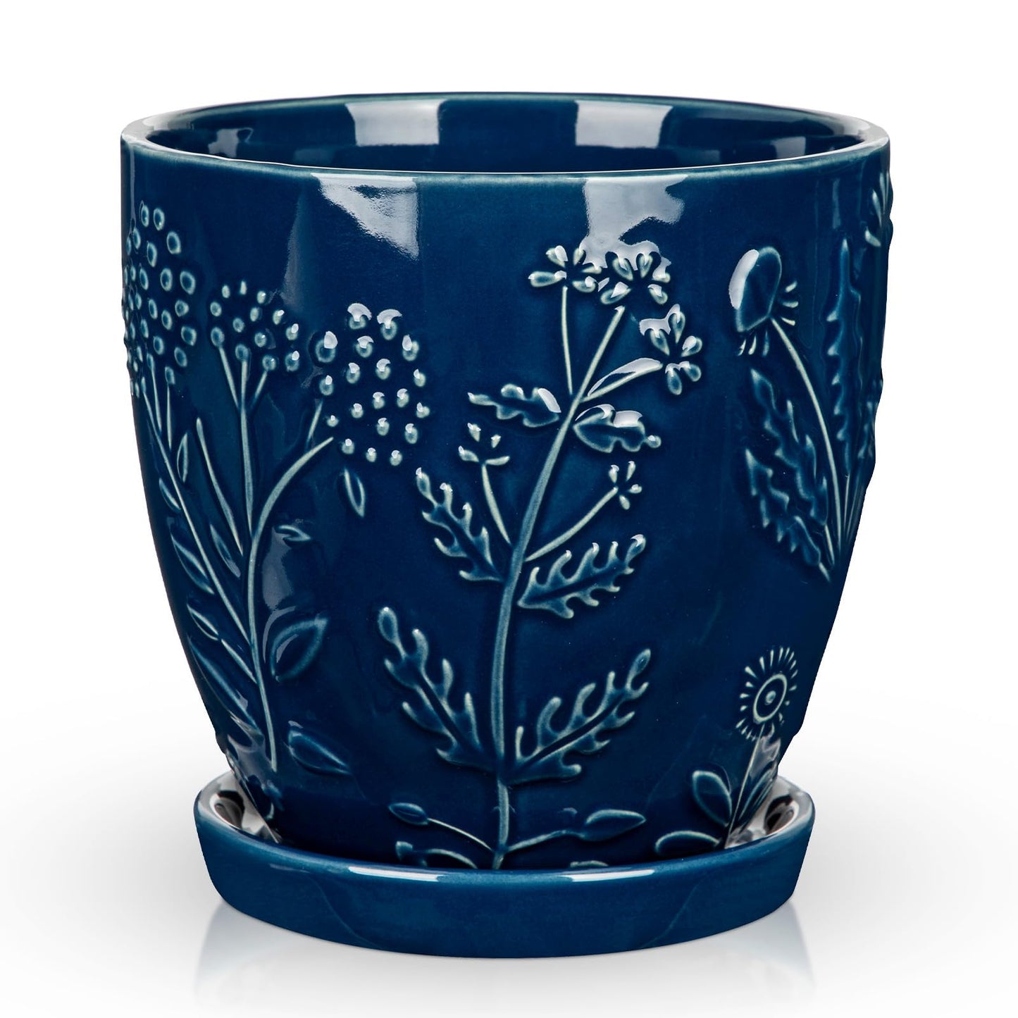 Hollyone 6 Inch Blue Ceramic Planter Flower Plant Pot with Drainage Hole and Saucer for Plants Embossed Indoor Outdoor Garden Embossed Ceramic Glazed Round Pot for Succulent Orchid Floral Pattern
