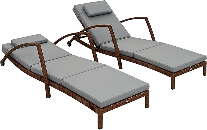 Outsunny Wicker Chaise Lounge Chair Outdoor Set of 2, 5-Position Adjustable