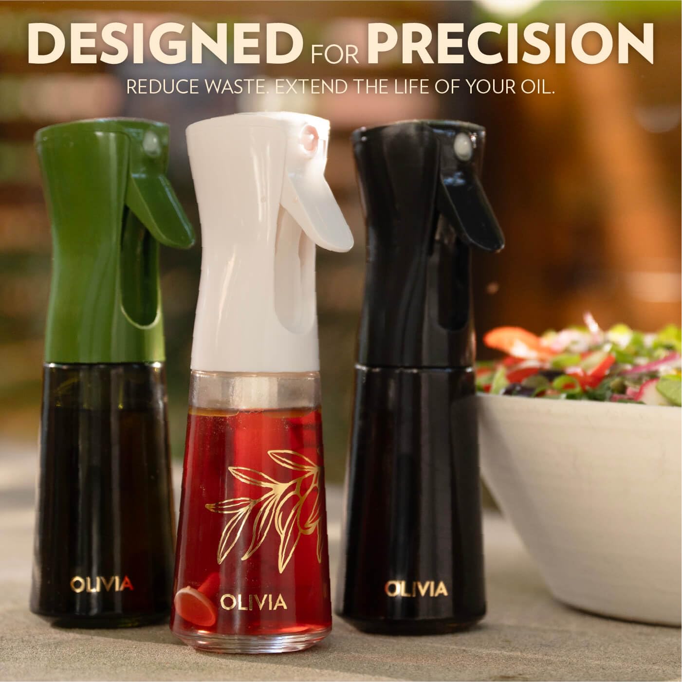 OLIVIA SIGNATURE Advanced Kitchen Oil Sprayer with Flairosol Technology, Fine Mist & Portion Control, Refillable Glass Olive Oil Cooking Spray Bottle for Air Fryer, Salad, BBQ, 200ml (Golden Leaves)