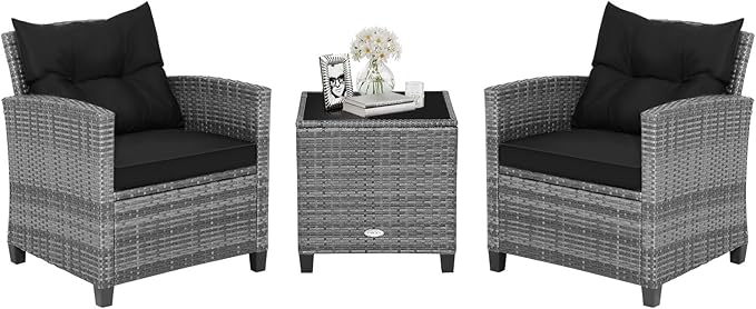HAPPYGRILL 3 Pieces Patio Conversation Set, Outdoor Furniture Set PE Rattan