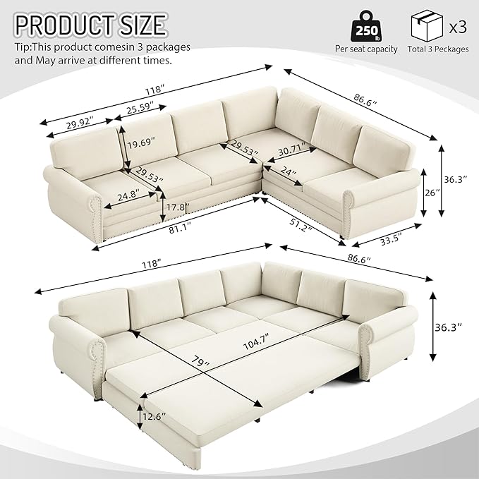 118" L-Shaped Sleeper Couch Bed