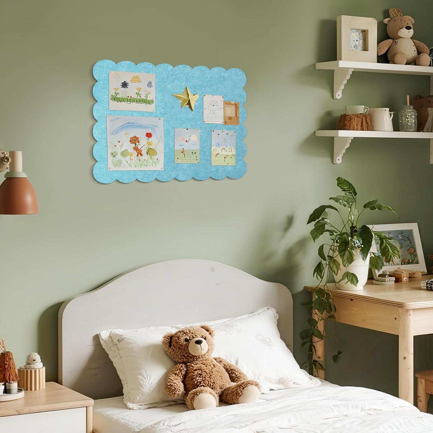 Lightomorrow Scalloped Bulletin Board, 24 x 18 Inches Felt Pin Board - Decorative Cork Alternative for Wall, Foldable Picture Self-Adhesive Vision Prayer Board with 20 Pushpins - Turquoise Blue