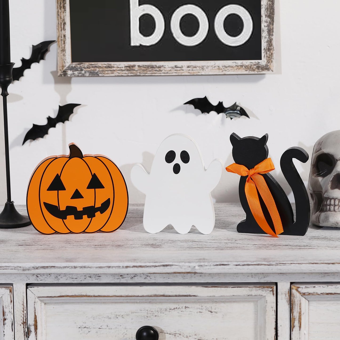 Halloween Decorations-Wooden Ghost Pumpkin Cat Blocks Signs-Cute Freestanding Table Signs for Rustic Farmhouse Home Mantle Decor