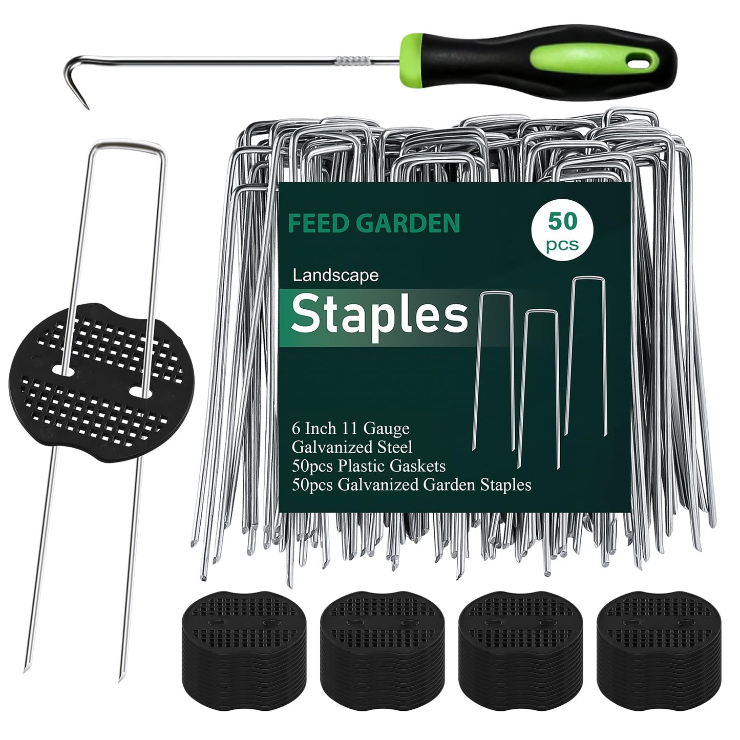FEED GARDEN Landscape Staples 6 Inch 50 Pack Kit, Heavy Duty 11 Gauge Hot-Dip Galvanized Garden Stakes with 50 Gaskets & 1 Pick Hook for Weed Barrier, Landscape Fabric, Sod, Turf & Garden Edging
