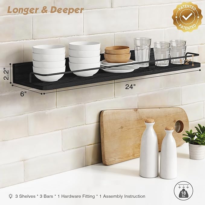 Forbena 24 Inch Wall Shelves for Bedroom 3-Pack, Vintage Large Floating Book