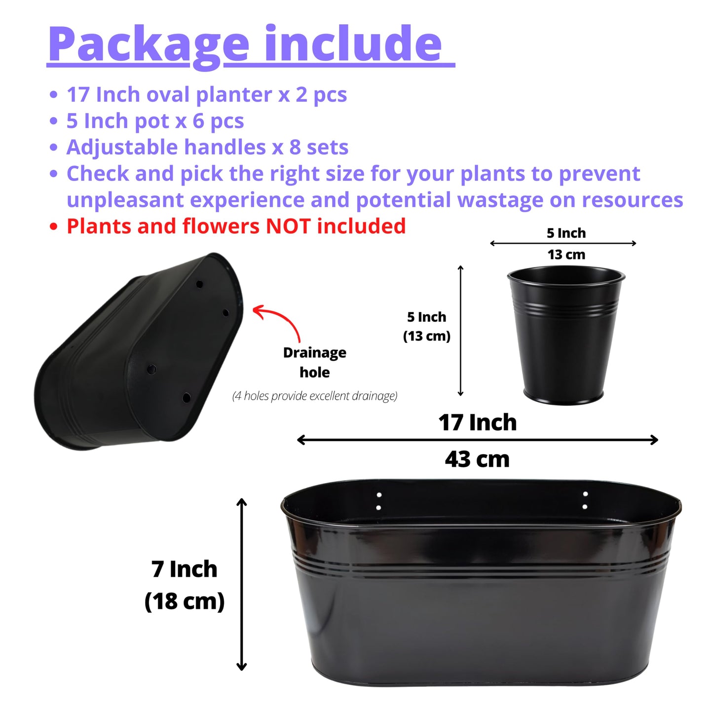 LaLaGreen 17 Inch Rail Planter (8-PIECE COMBO SET) Black Large Metal Hanging Railing Fence Flower Pots, Modern Balcony Gardening for Apartment Garden Style Iron Patio Planters Outdoor Deck Decorations