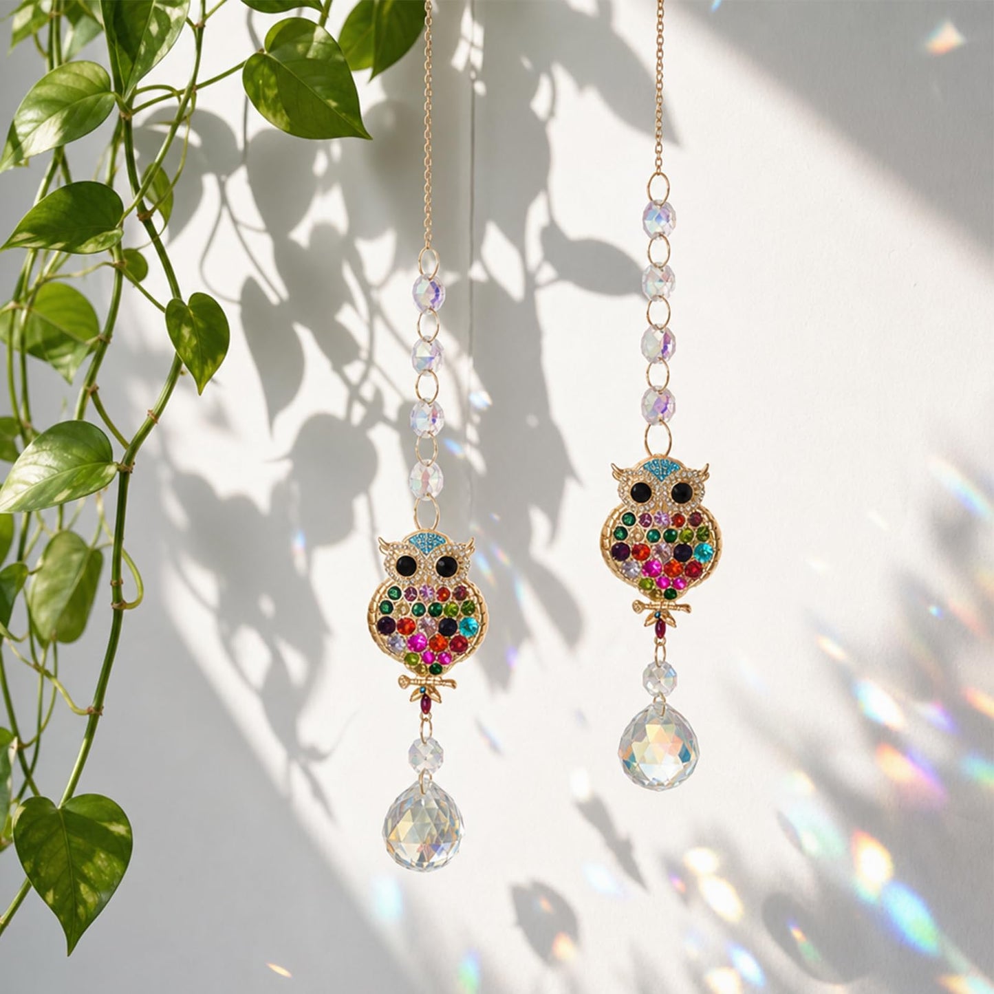 2Pcs Rhinestones Owl Crystal Suncatcher for Windows Hanging, 15.7In Prism Sun Catcher with Chain and Hook,Rainbow Maker for Home Garden Ceiling,Christmas Birthday Wedding Party Owl Gifts
