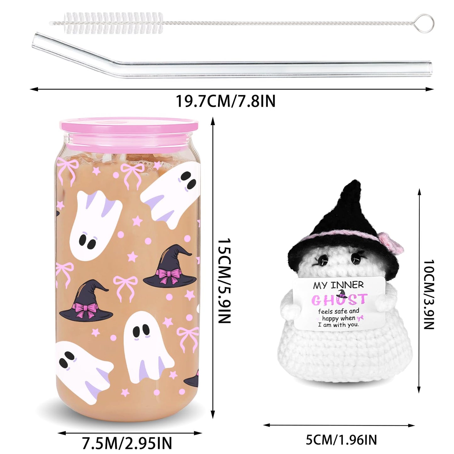 Halloween Boho Ghost Gifts Set with Glass Cup & Dolls, 16oz Fall Glass Cup with Lid and Straw, Crochet Ghost Doll with Positive Card Perfect for Thanksgiving Halloween Fall Spooky Gifts