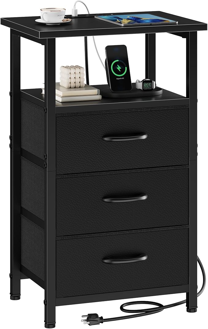 Vagusicc Nightstand with Charging Station, Bedside Table with USB Ports and