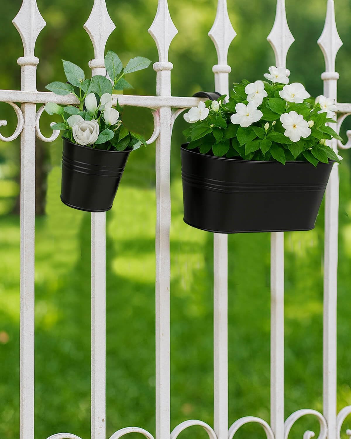 vensovo 10 Pcs Metal Railing Planters Set, 10.8" Oval & 3.9" Round Hanging Flower Pots with Detachable Hooks, Black Fence Planter Baskets for Outdoor Plants, Herbs & Succulents, Garden Decor