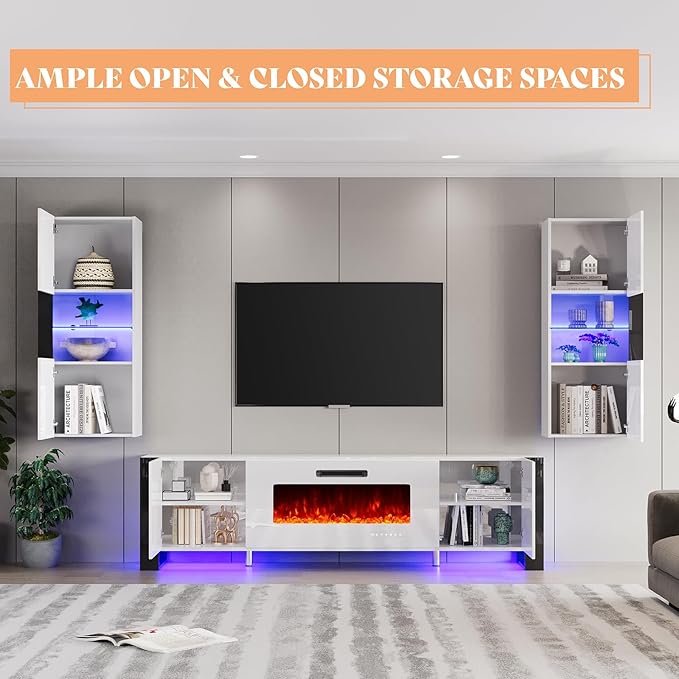 AMERLIFE 3 Piece Modern Wall Unit Entertainment Center Set, High Gloss 70"