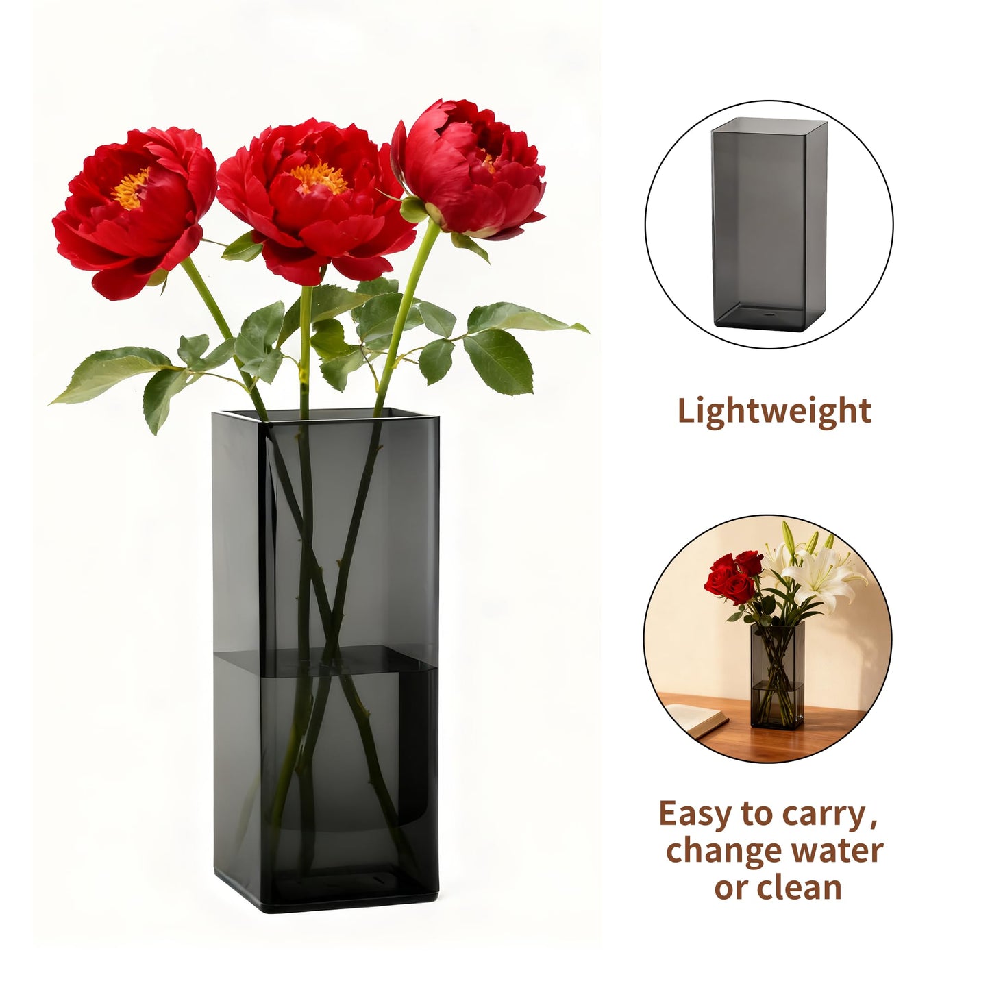 Guluto Acrylic Square Flower Vase, Non-breakable Vase, 5" x 5" x 10" Tall Grey Vases for Flower, Large Cube Floral Plant Container, Planter Terrarium for Wedding Party Event, Home Office Decor