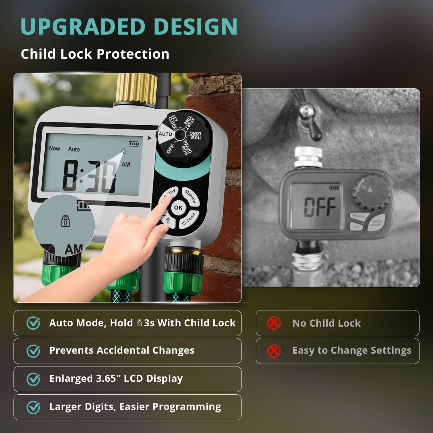 QUOBAS Brass Sprinkler Timer for Garden Hose, Programmable Water Timer for Hose Faucet with Child Lock, Rain Delay/Auto/Manual 3 Modes, Large Waterproof Screen, 3 Zone Independent Watering