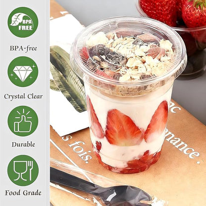 Zezzxu 50 Pack 12 oz Disposable Parfait Cups with Lids No Hole, Toppings Compartment and Spork, Yogurt Conatiner with Granola Holder for Take Away Breakfast and Snacks, No Leaking
