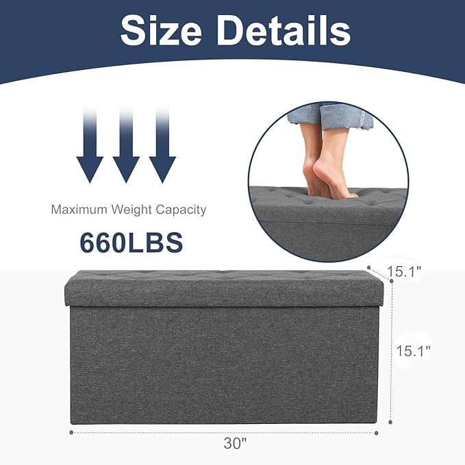 DUMOS 30 Inch Folding Storage Ottoman Bench, Large Hidden Storage Chest