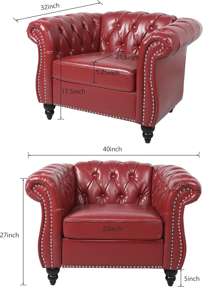ORRD 3 Pieces Living Room Set, Chesterfield Sofa Faux Leather Loveseat Couch