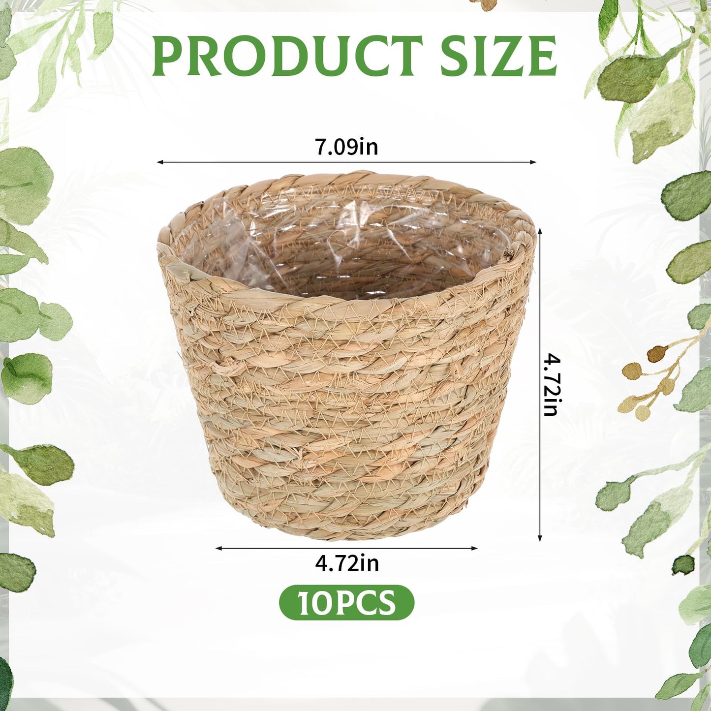 10 PCS Seagrass Plant Baskets with Plastic Liners, Woven Planter Basket Set for Indoor and Outdoor Plants, Wicker Flower Pot Covers Plant Container sand Storage Baskets for Home and Farmhouse Decor