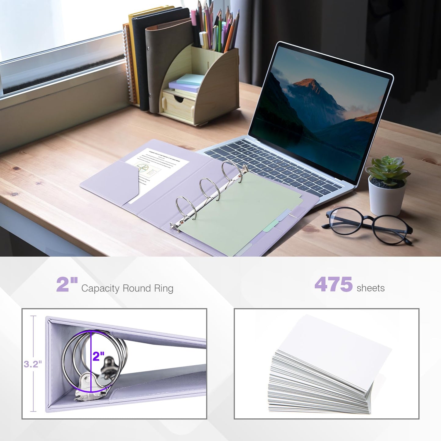 Ospelelf Leather Mini Binder Vintage Hardcover 2 Inch Rings, Professional Small 3 Ring Binders Organizer Suitable for 5.5" x 8.5" Documents, Binder Dividers with Tabs, Purple
