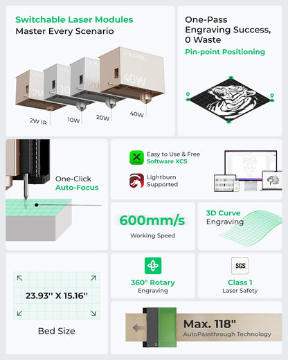 xTool S1 20W Laser Engraver and Cutter Machine with Air Assist & Honeycomb, 23.93" x 15.16" Bed Size, Beginner-Friendly, Laser Engravering Machine for Wood and Metal, Acrylic, etc. - Basic Bundle