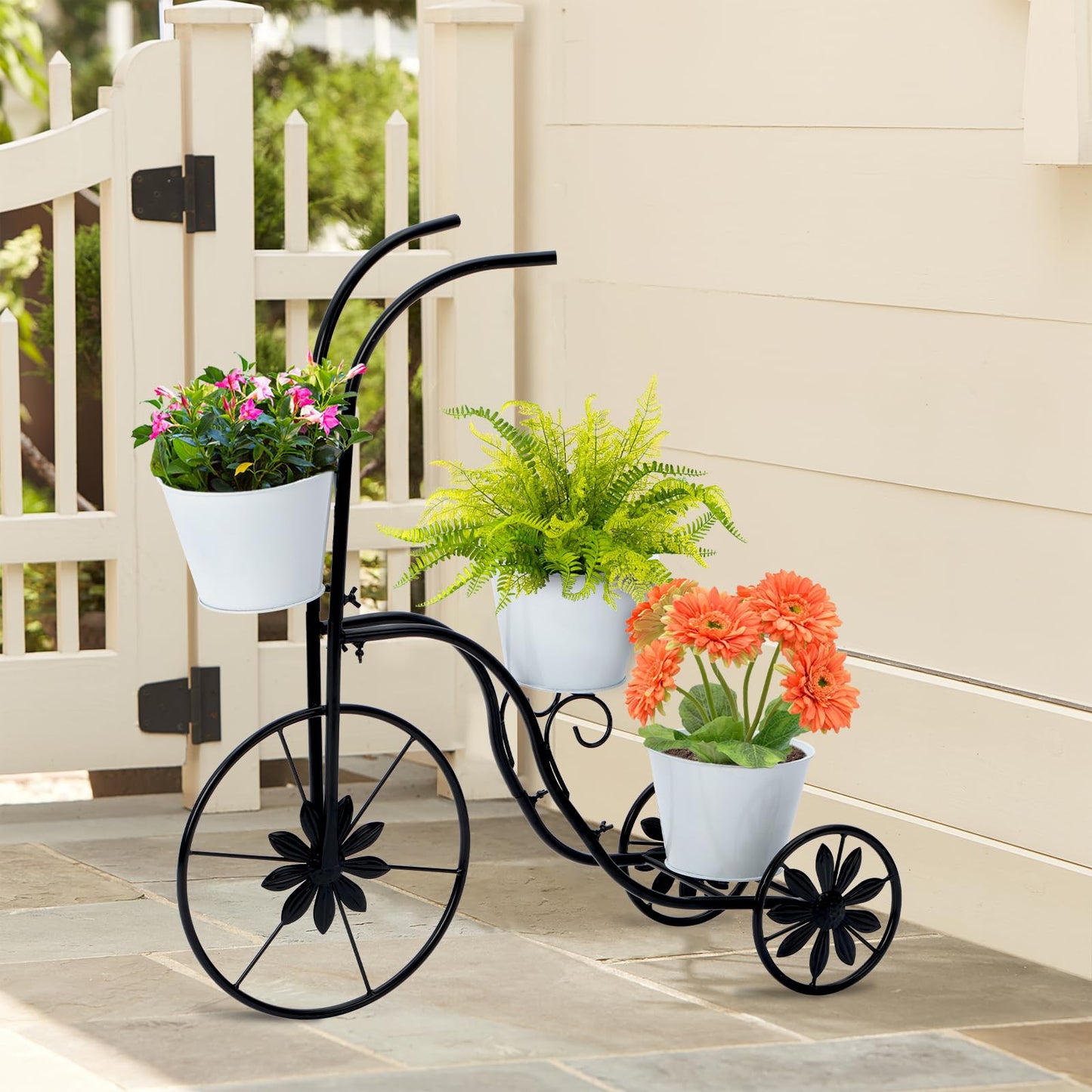 LEWIS&WAYNE Metal Tricycle Planter, 3 Tier Floral Flower Plant Stand Holder Hand Painted Outdoor Garden Patio Decor