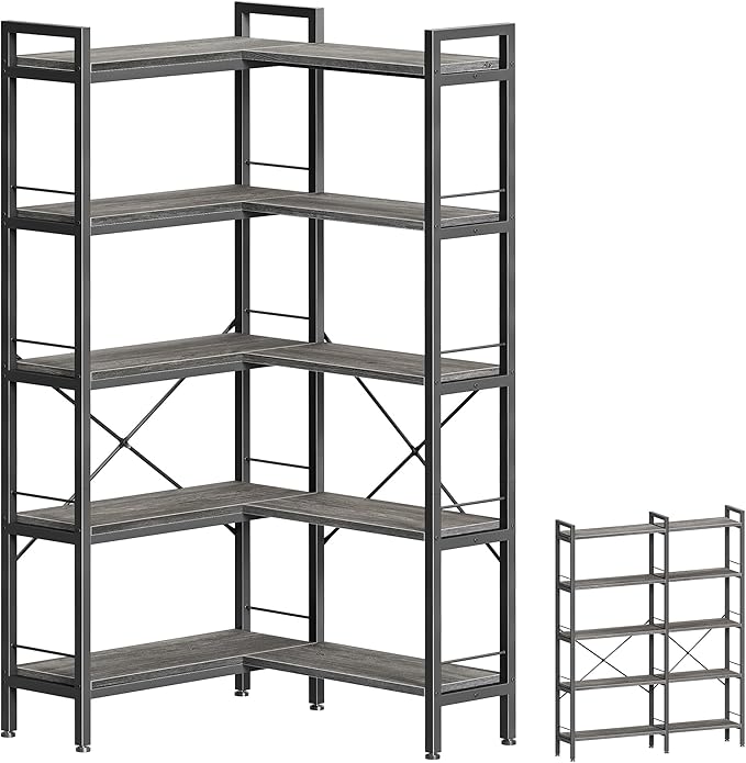 Huuger 5 Tier Bookshelf, L Shaped Corner Bookshelf