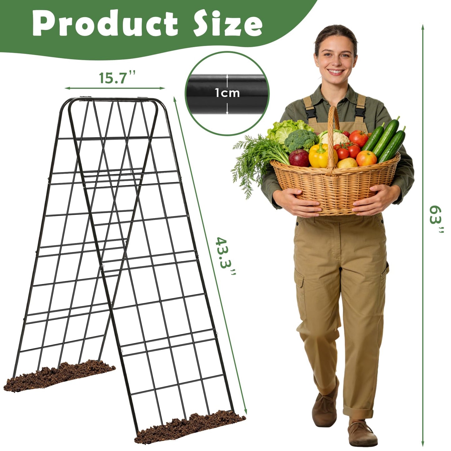 Cucumber Trellis 43.3’’x15.7’’ with Twist Tie and Clips, A-Frame Garden Trellis for Climbing Plants Heavy Duty Metal Plant Support for Cucumber, Grape, Tomato, Pea, Bean, Flower, Raised Bed