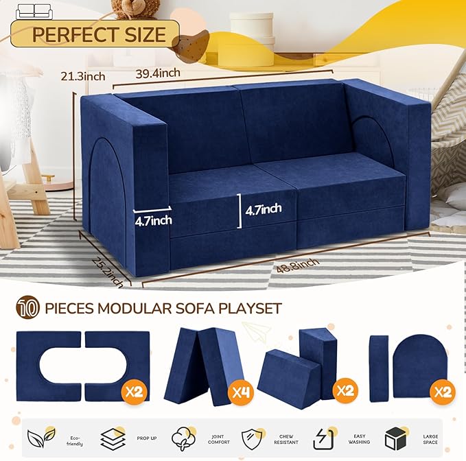 Fvkind 10 Pcs Modular Kids Play Couch, Foam Kids Play Couch