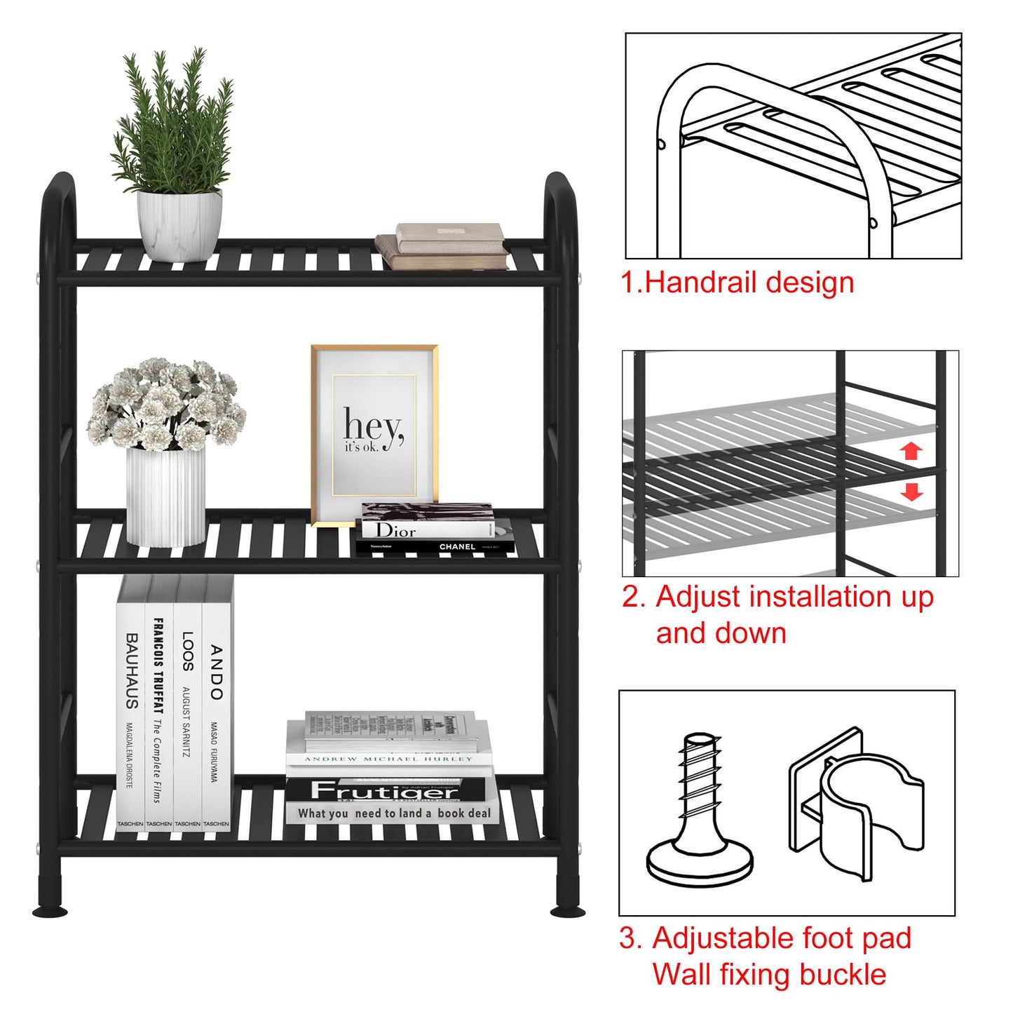 JSB 3-Tier Adjustable Shelving Unit, Heavy Duty Storage Rack Organizer Metal Corner Shelf for Kitchen Living Room Laundry Pantry Bathroom (Black, 3 Tier)…