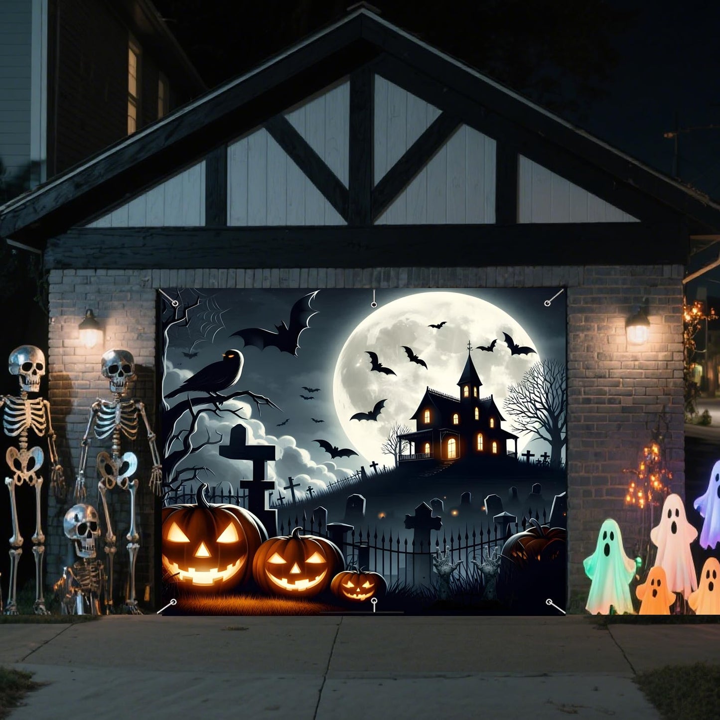 Halloween Garage Door Decorations 7 x 8 Ft Hanging Backdrop Horror Moon Night Halloween Garage Door Cover Scary Cemetery Pumpkin Banner Photo Background for Home Spooky Party Wall Window Yard (Black)