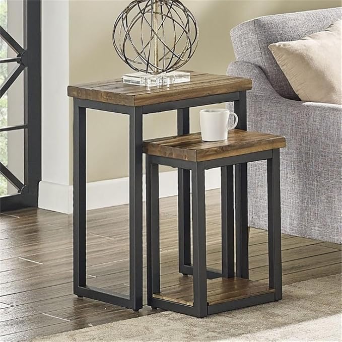 Claremont Rustic Wood Nesting End Tables, Solid Wood and Black-Finished Metal