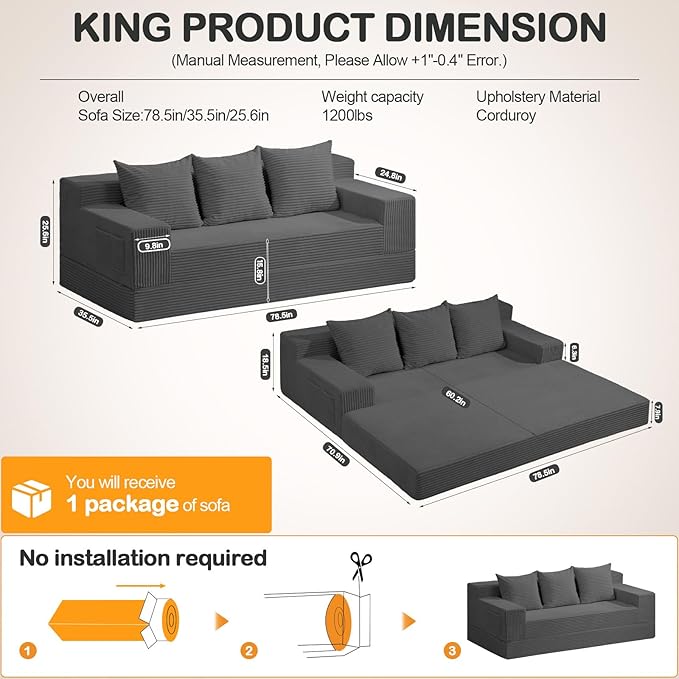 Erament 3 Seater Boneless Couch Sofa Bed, Compression Convertible Futon Floor