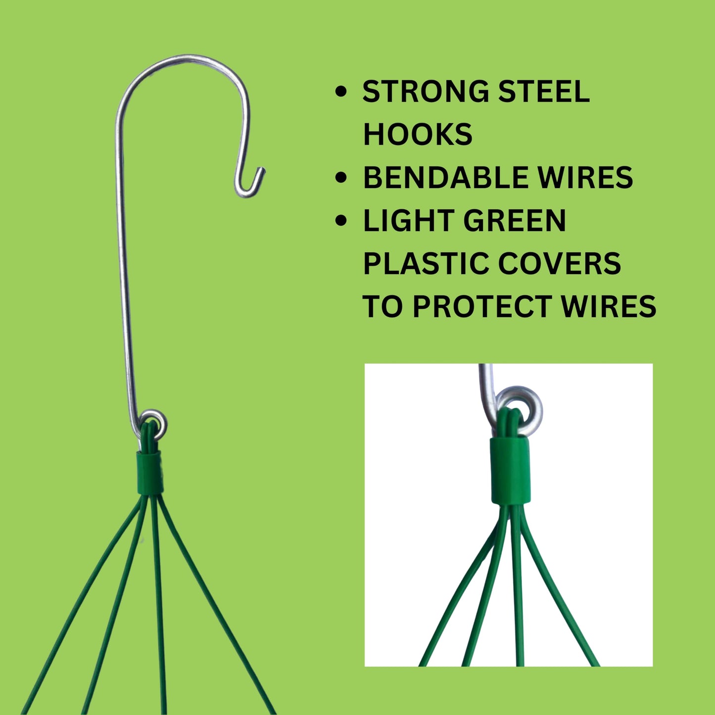 DESQUIGGLE Set of 12 Hanging Wires for Orchid Baskets and Hanging Planters, 31 Inches Long with Strong Steel Hooks and Covered in Light Green Plastic