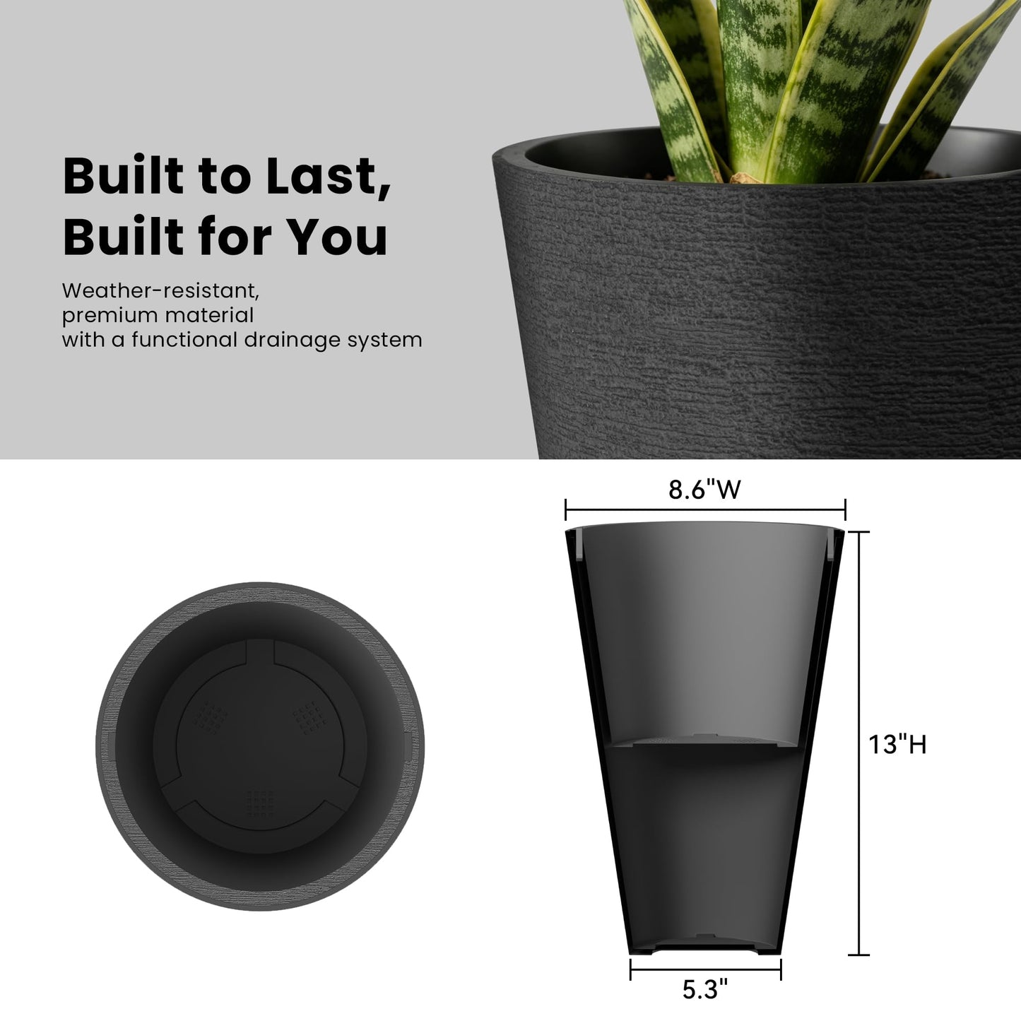 Kante 2 Pack 13 Inch Tall Planters, Modern Minimalist Textured Black Plastic Planter Pots with Drainage Holes, Detachable Inner Pot & Handle, Lightweight Outdoor Indoor Planters for Patio Garden