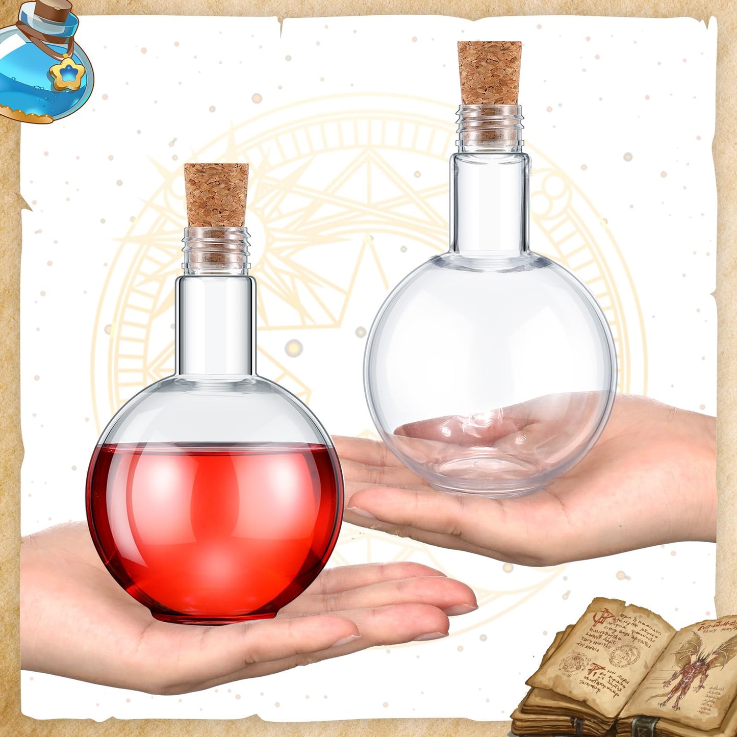 Baderke Plastic Potion Bottles with Cork 8 oz Sand Art Ball Shape Bottles with Funnels Spherical Decorative Candy Jar for Cocktail Witch Costume Props Party DIY Crafts(20 Sets)