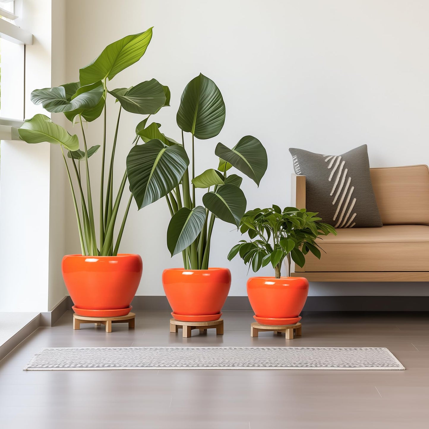 EPFamily Ceramic Planter - 10 Inch 8 Inch 6 Inch Plant Pot with Drainage Holes and Saucers, Round Planters for Indoor Outdoor, Modern Flower Pots, House Garden Room Decor, Gardening Gifts, Orange