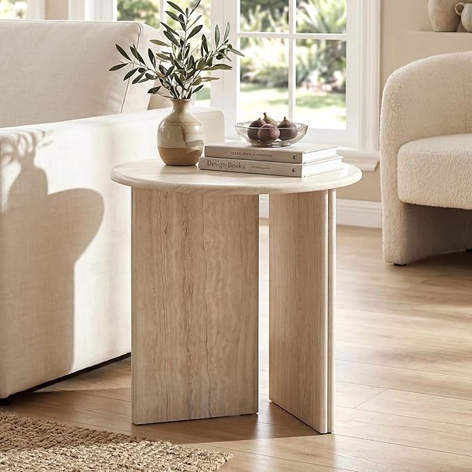HNY Small Round Side Table Marble Veneer Wood Bedside Table 18" Modern End