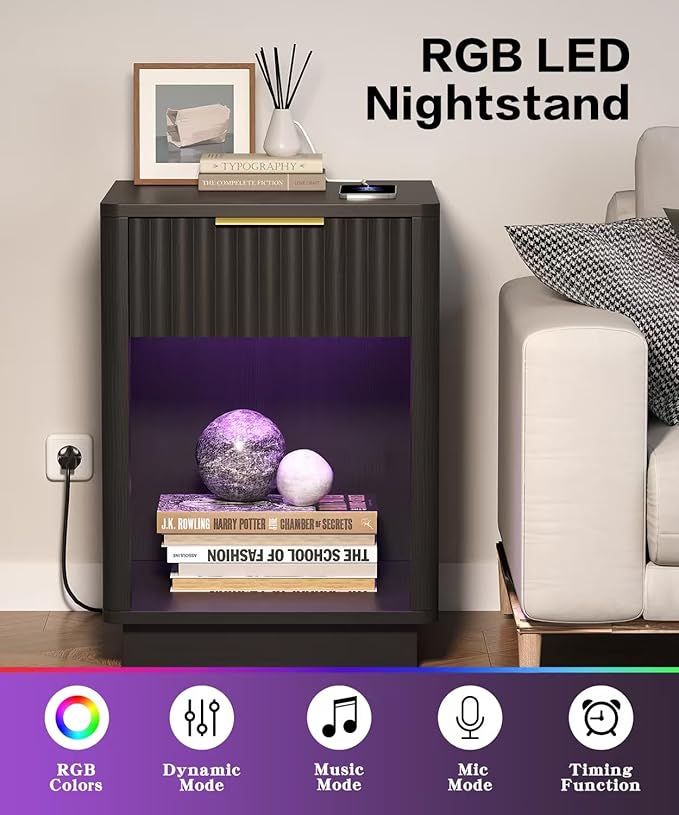 Akxomel Fluted Nightstands Set of 2, Wooden Night Stand