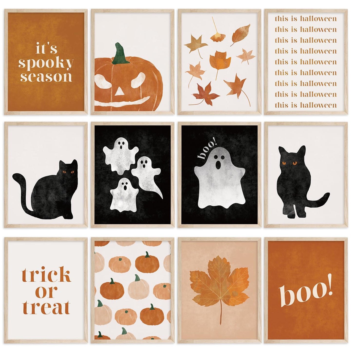 JarThenaAMCS 12Pcs Halloween Wall Art Prints Boho Ghost Pumpkin Black Cat Art Poster Black Orange Wall Decor For Fall Gallery Living Room Bedroom, UNFRAMED, 11 x 14 Inch