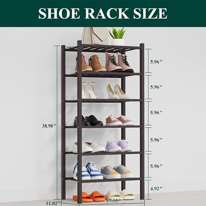 Smiry Small Bamboo Shoe Rack, 6 Tier Free Standing Wooden Shoe Organizer, Stackable Wood Shoe Storage Shelf for Closet, Entryway, 14 Vertical Slats, 2+2+2 Stack Thicker Legs, 17.3"x11"x39", Brown