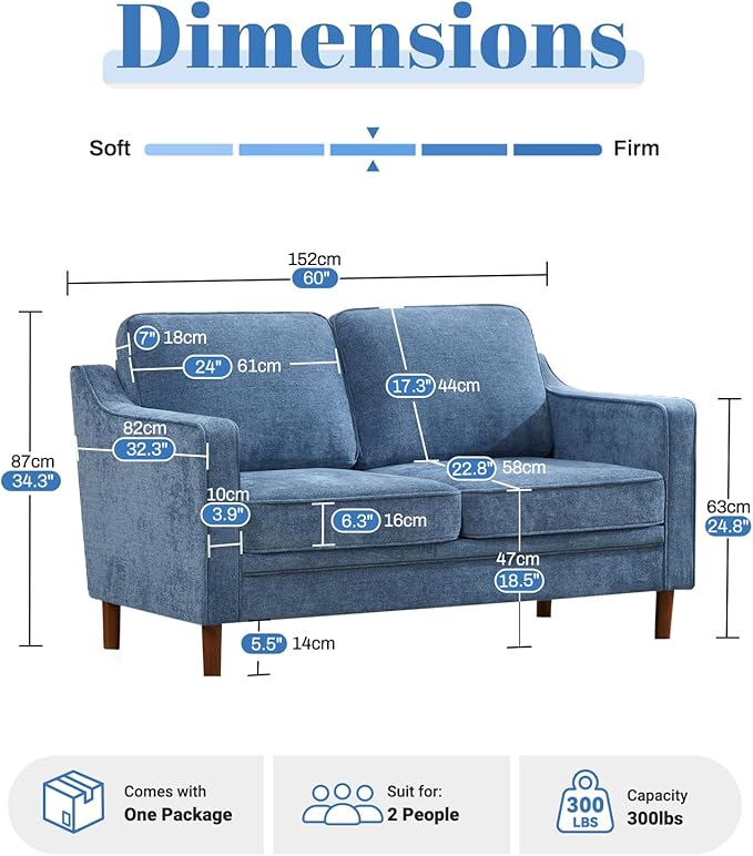 Kingfun 56" Chenille Sofa, Loveseat Couch, Mid Century Modern Love Seat Couches