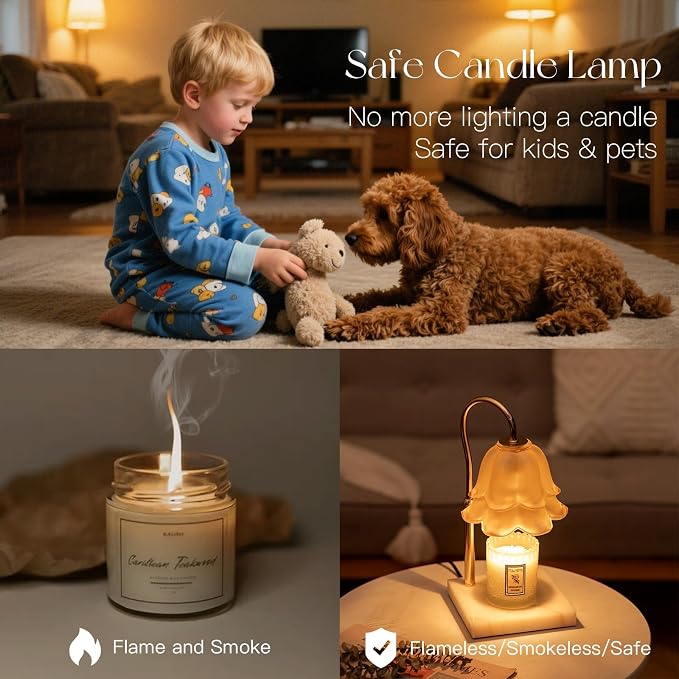 Candeldo Candle Warmer Lamp with Timer: Flower Candle Warming Lamp with Marble Base Height Adjustable Wax Warmer Dimmable Modern Kitchen Bathroom Decor Mom Birthday Gift for Grandma